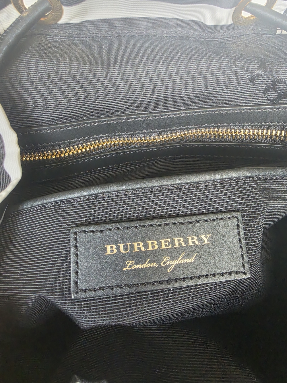 Burberry Black & White Striped Backpack with Embroidered Patches - Picture 12 of 16
